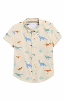 DENIM AND FLOWER Kids' Dinos Short Sleeve Cotton Button-Up Shirt