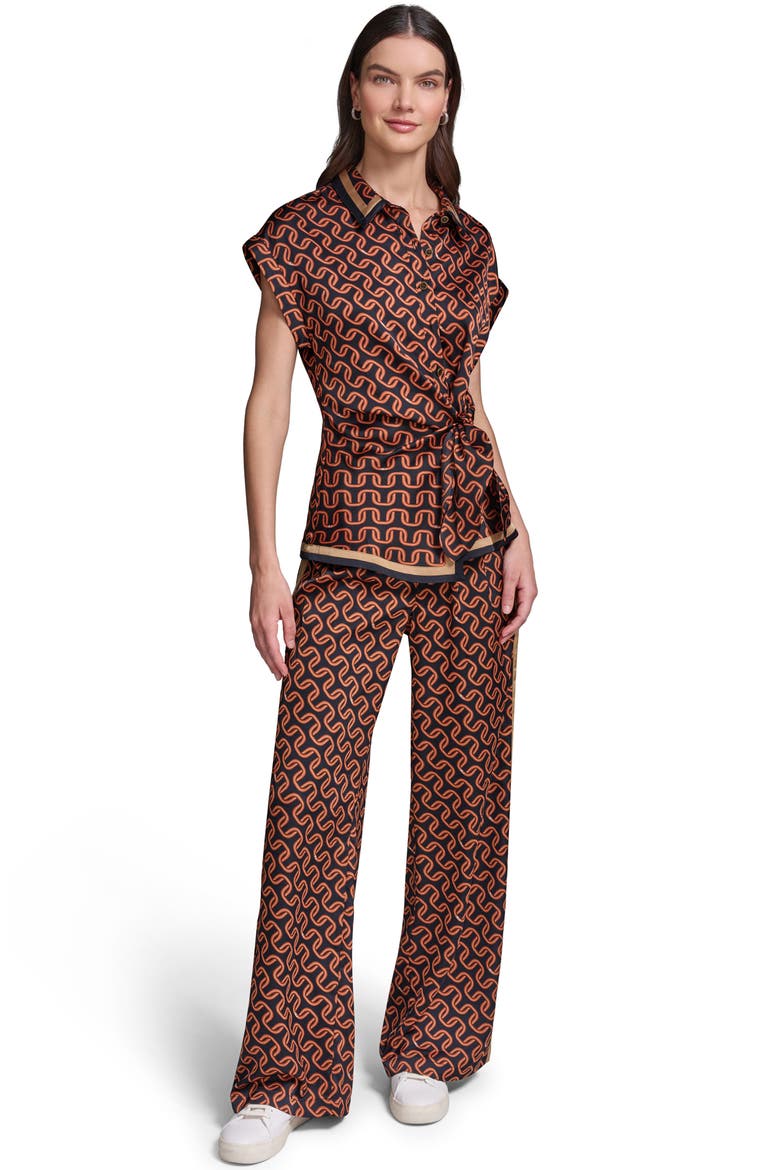 Side Tie Crêpe de Chine Button-Up Shirt, Alternate, color, MIDNIGHT NAVY/ SIENA