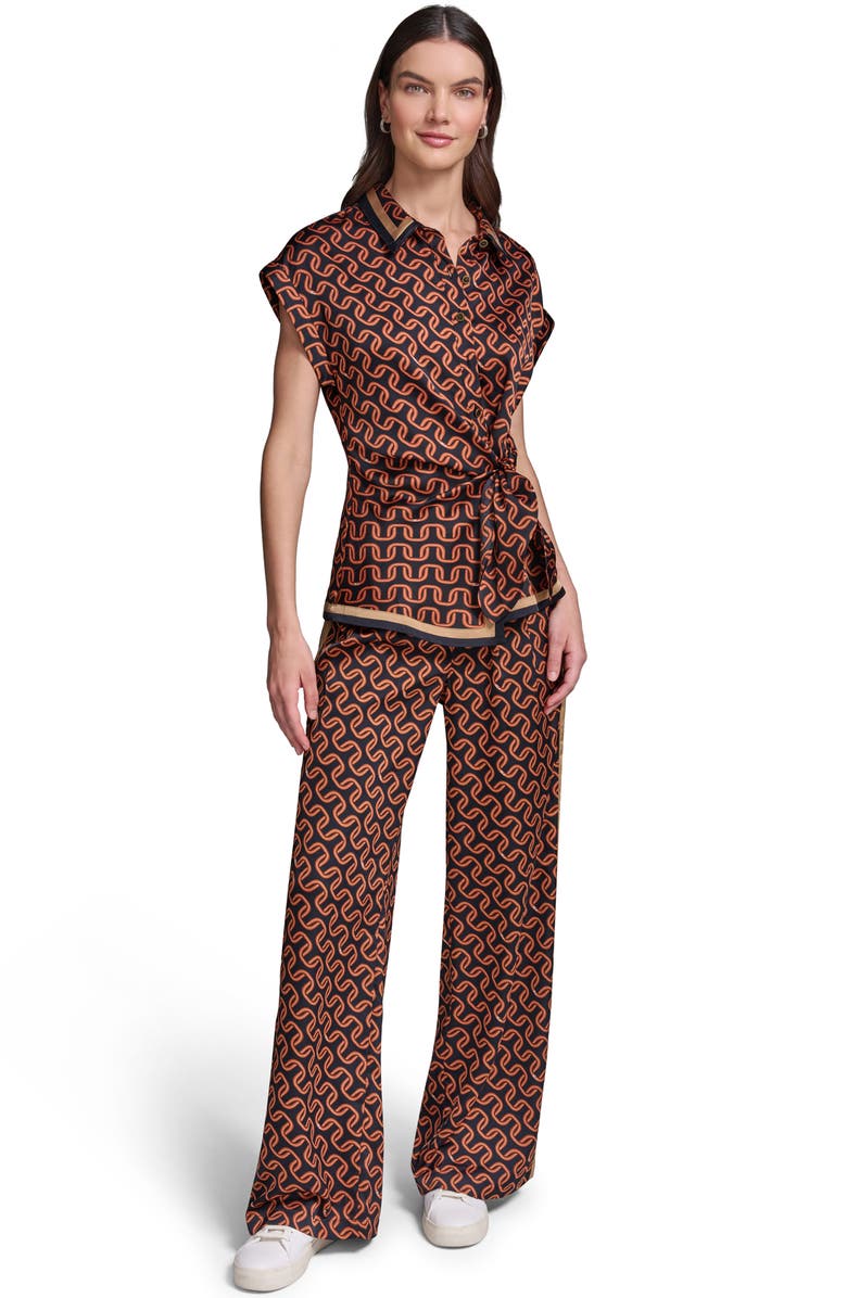 KARL LAGERFELD PARIS Side Tie Crêpe de Chine Button-Up Shirt, Alternate, color, Midnight Navy/ Siena