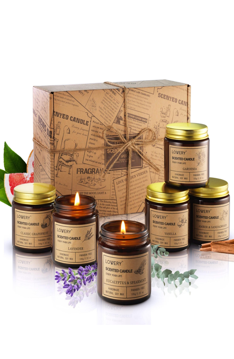 Lovery Scented Candle 6-Piece Gift Set, Main, color, Amber / Sandalwood