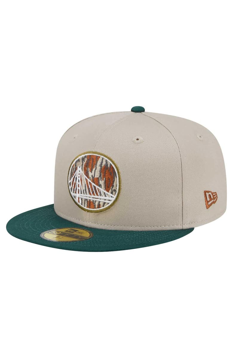 New Era Men's New Era Natural/Hunter Green Golden State Warriors Lifestyle Tree Bark 59FIFTY Fitted Hat, Alternate, color, Natural
