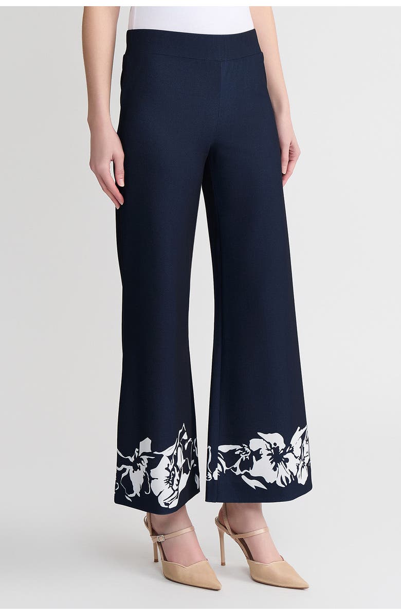 Ming Wang Stretch Deco Crepe Floral Print Wide-Leg Pants, Alternate, color, Indigo/White