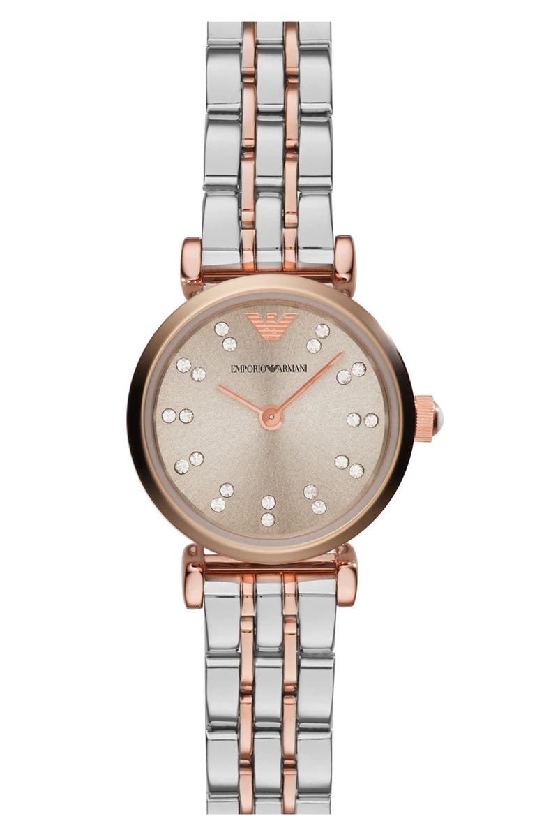 Emporio Armani Crystal Marker Two-Tone Bracelet Watch, 22mm, Main, color, Silver/ Rose Gold