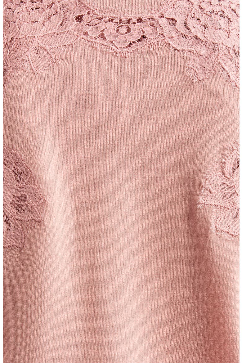 Lace Detail Virgin Wool & Cotton Blend Cardigan, Alternate, color, ROSA POLVERE SCURO