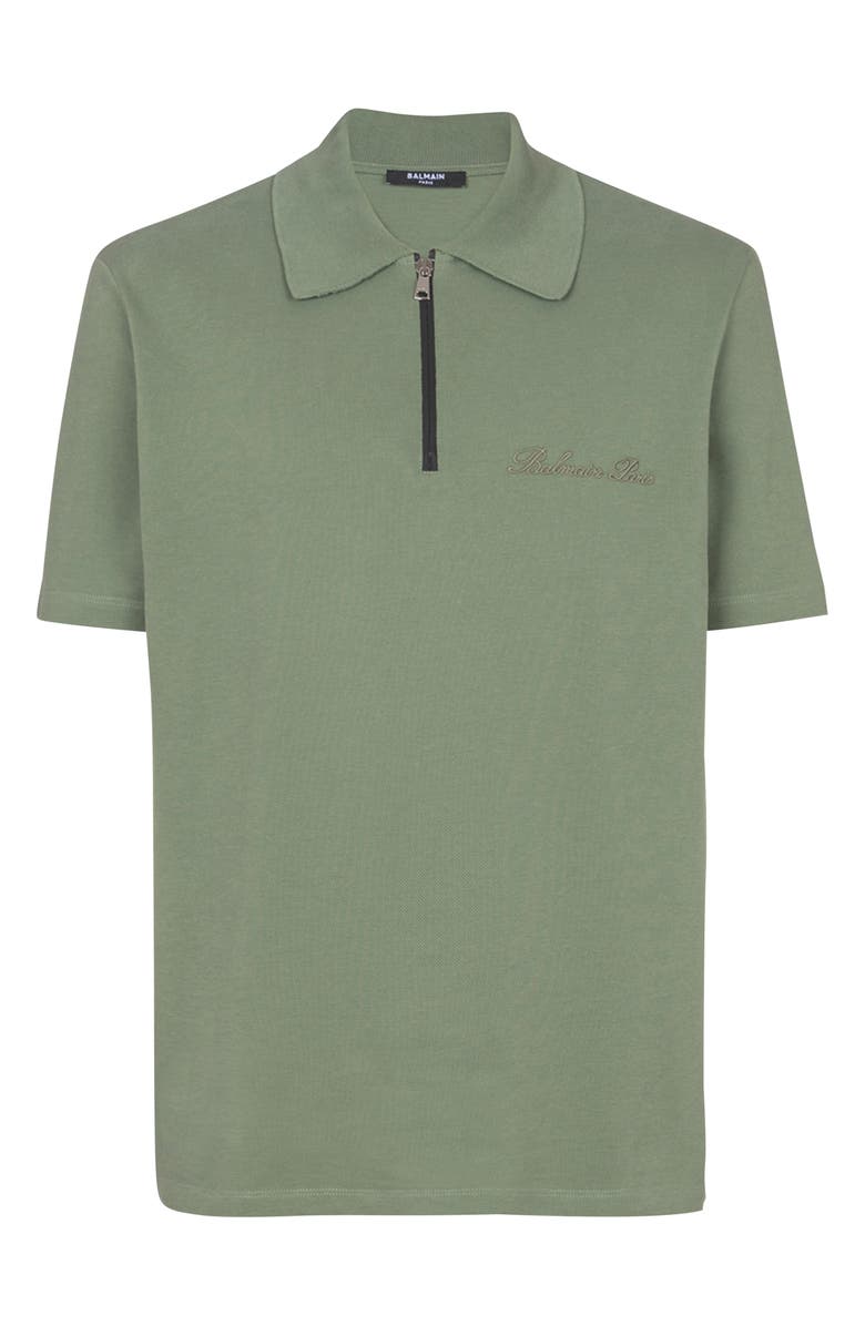 Balmain Signature Embroidered Cotton Piqué Zip Polo, Alternate, color, 