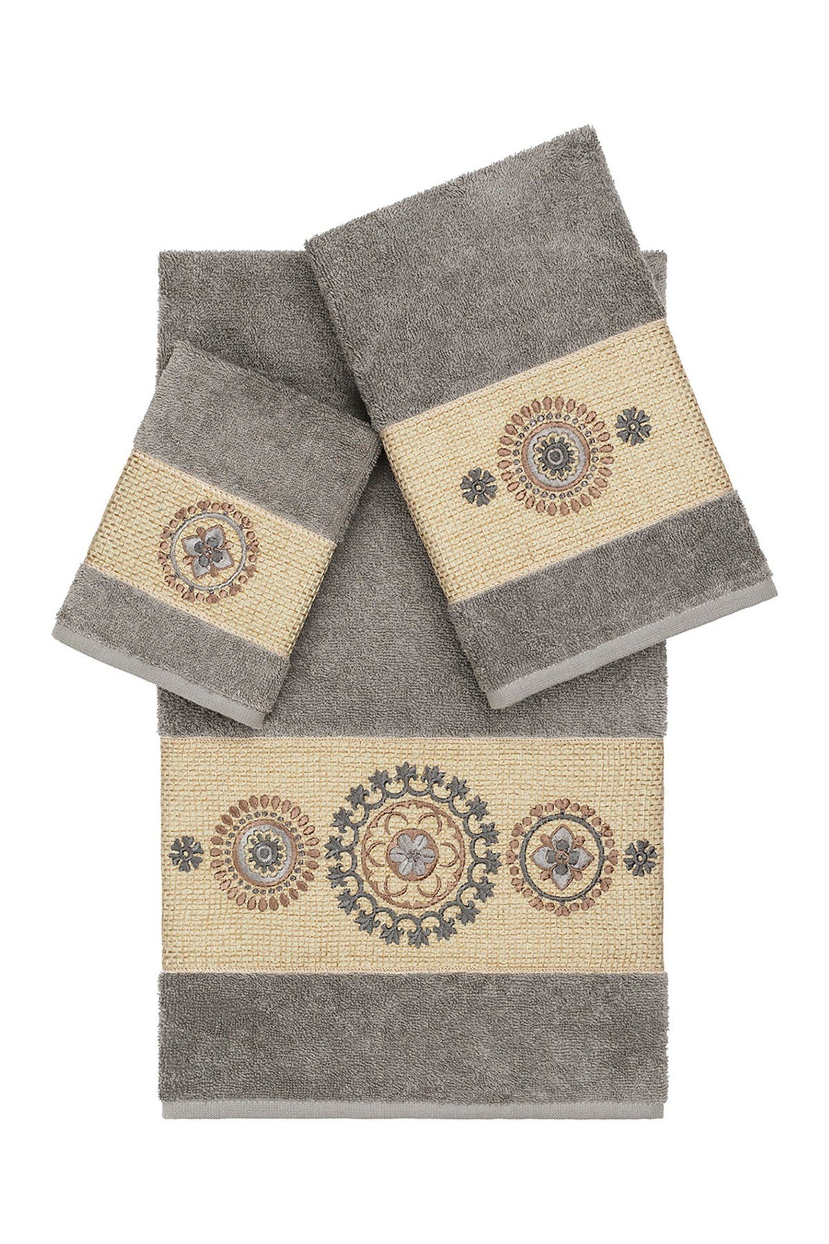 Linum Home Textiles Isabelle 3-Piece Embellished Towel Set - Dark Grey