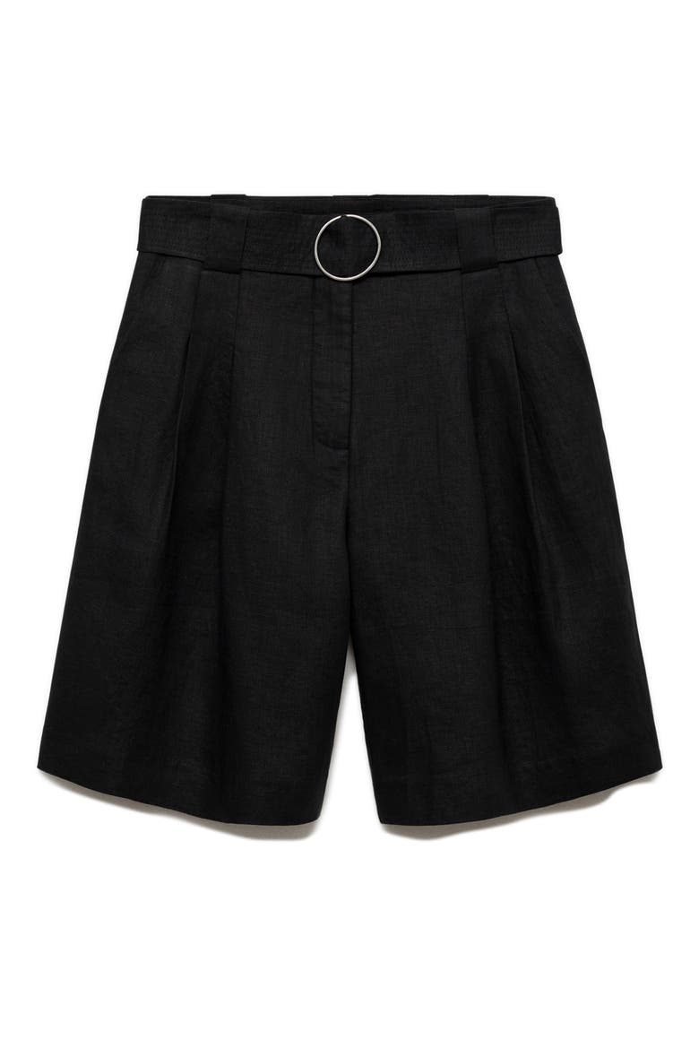 Belted Linen Bermuda Shorts, Alternate, color, BLACK