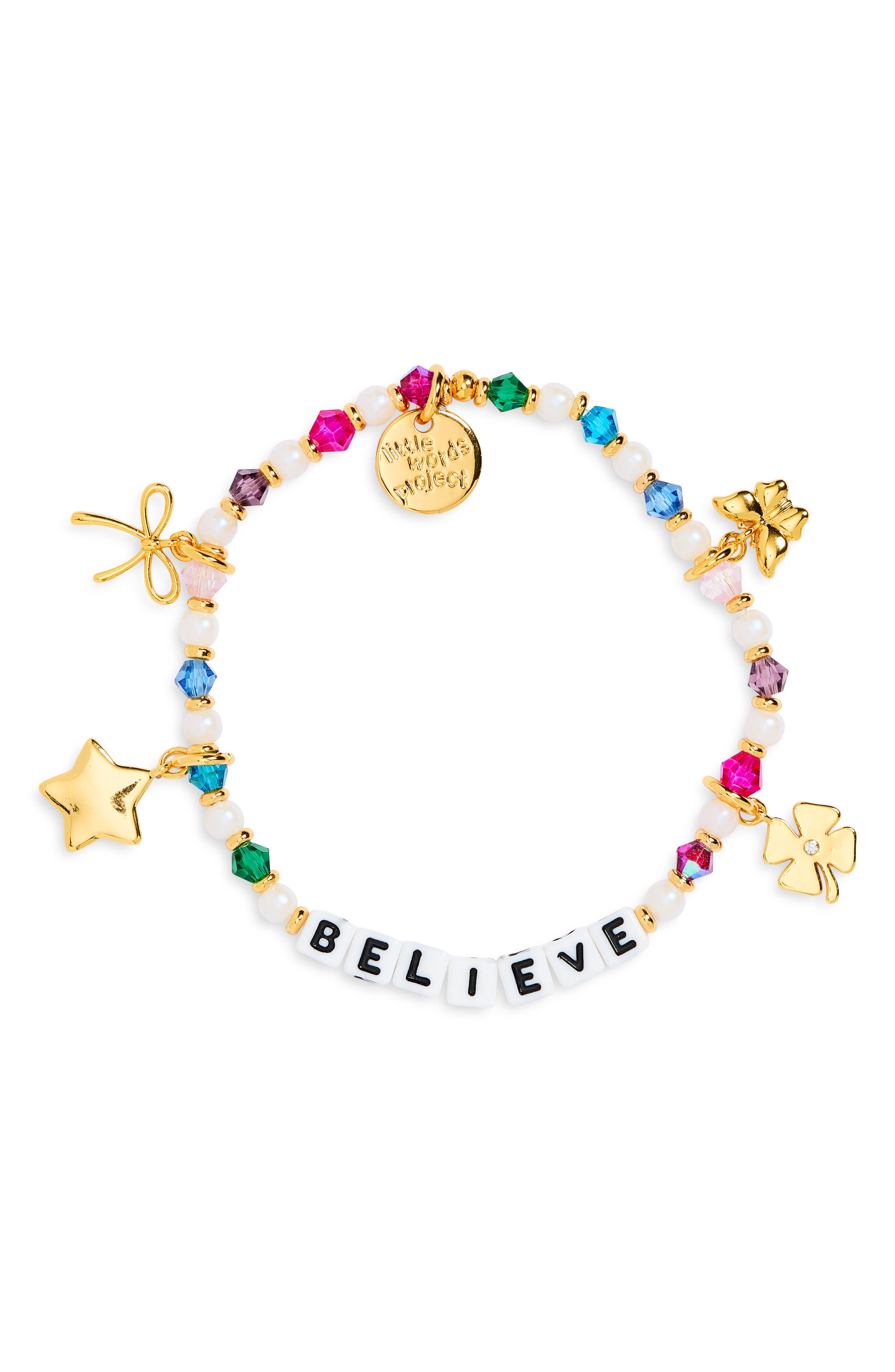 Little Words Project Believe Beaded Stretch Charm Bracelet In Multi