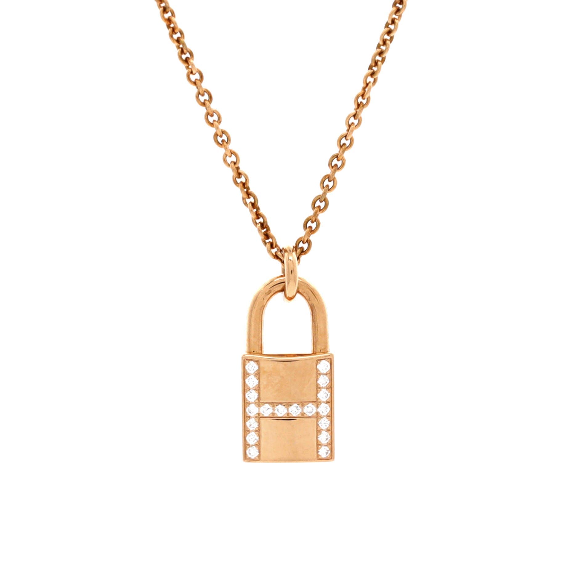 Pre-Owned Hermes Amulettes Cadenas Pendant Necklace 18K Rose Gold with Diamonds, Main, color, Rose Gold