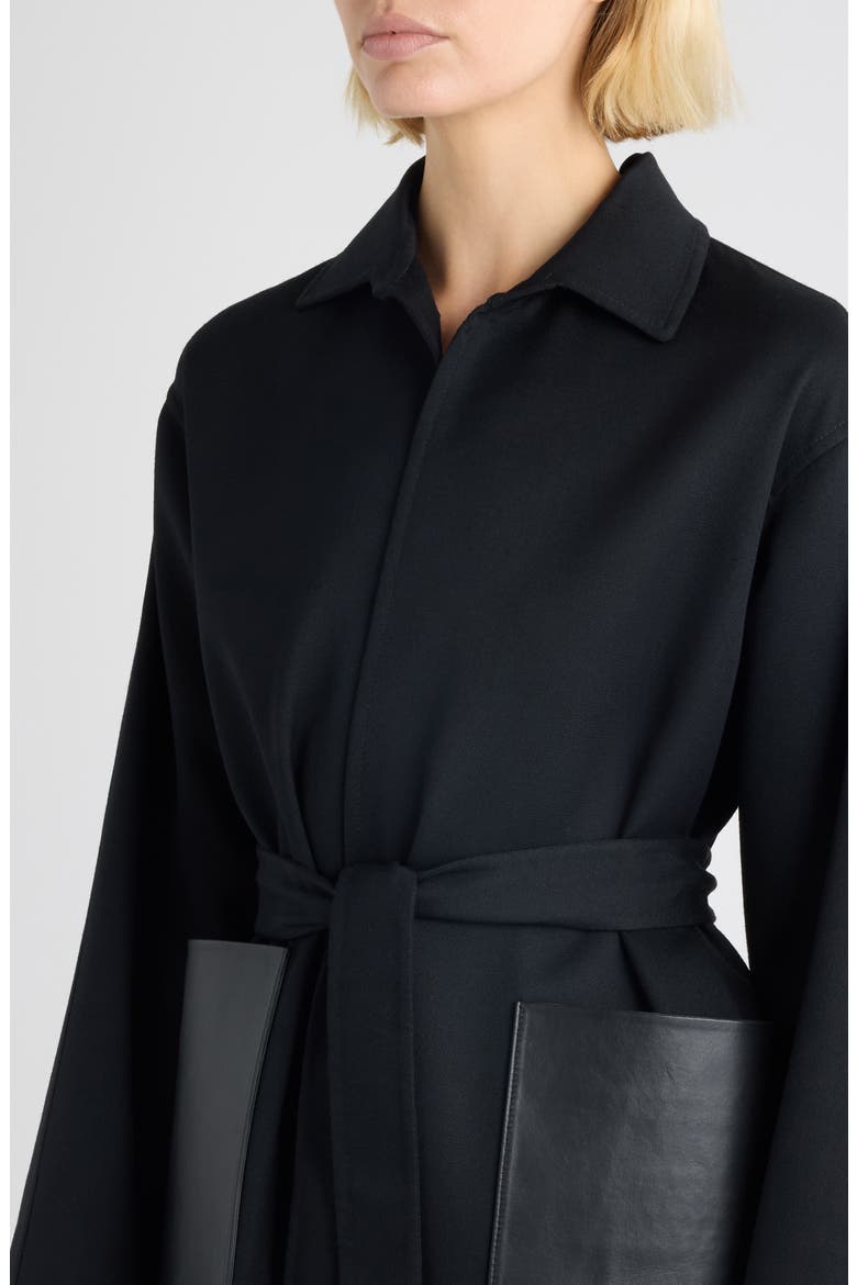 Leather Pocket Virgin Wool Wrap Jacket, Alternate, color, NOIR ALAIA