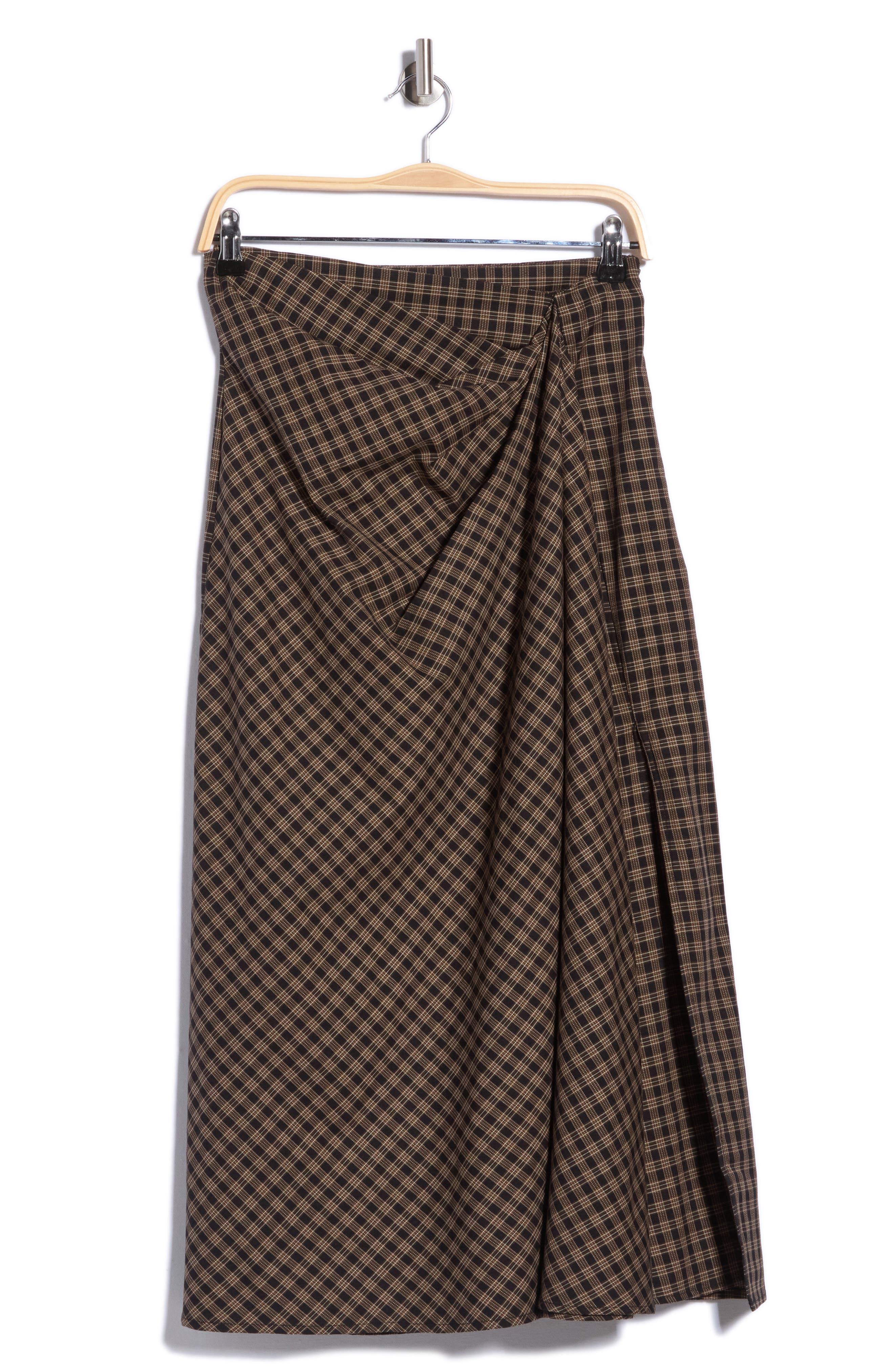 Plaid Draped Cotton Midi Skirt
