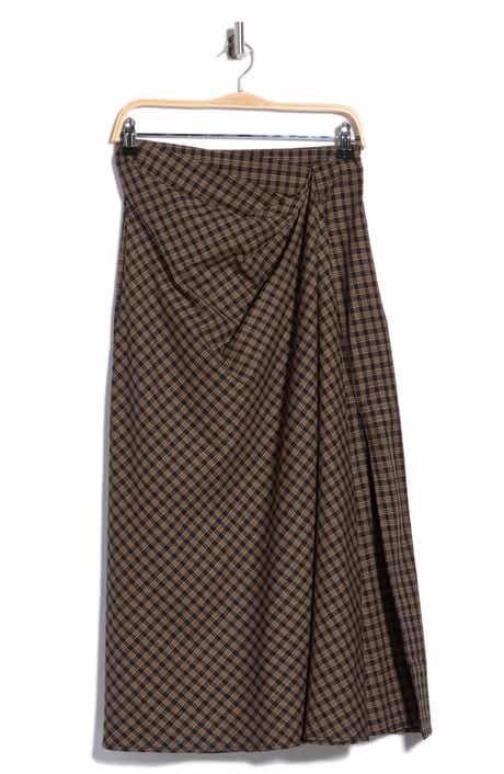 Plaid Draped Cotton Midi Skirt