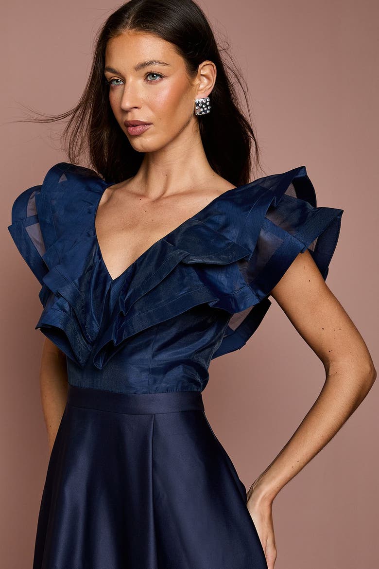 Frill Shoulder Midi Dress, Alternate, color, Navy