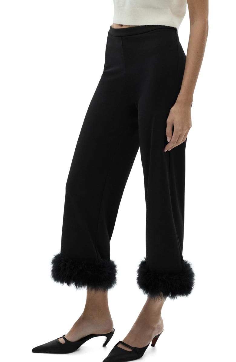MANGO Feather Trim Crop Pants, Alternate, color, Black