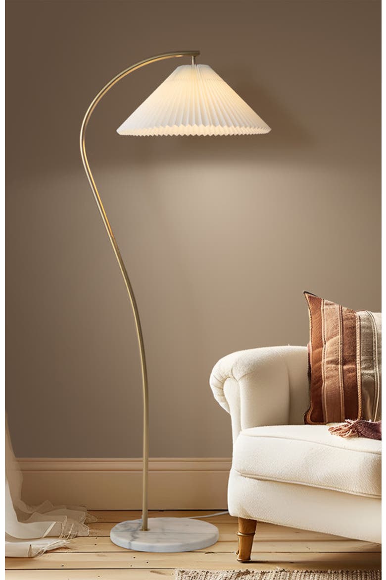 Athena 62" Gold LED Floor Lamp with Marble Base and Pleated Fabric Shade, Bulb Included, Alternate, color, Antique brass