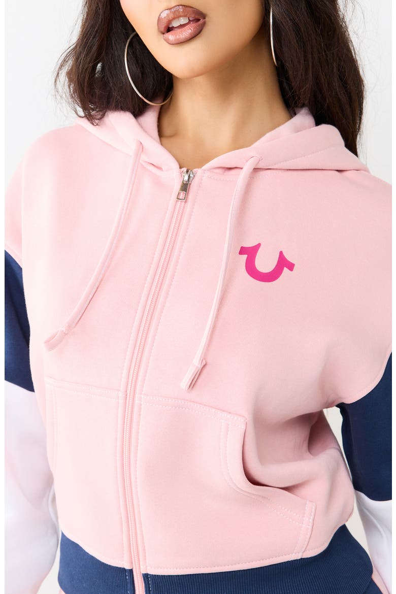 Colorblock Crop Zip Hoodie, Alternate, color, DULL PINK / DRESS BLUE
