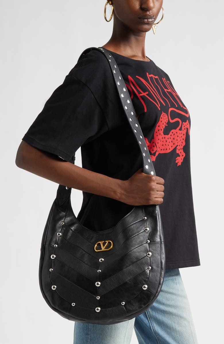 Valentino Garavani Hoboho Patchwork Leather Hobo Bag, Alternate, color, Black