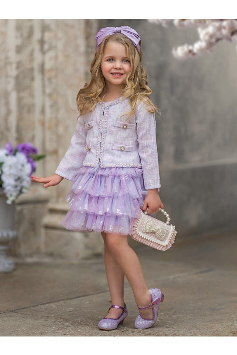 Girls Twirl In Lilacs Tweed Blazer and Tutu Skirt Set, Alternate, color, Purple