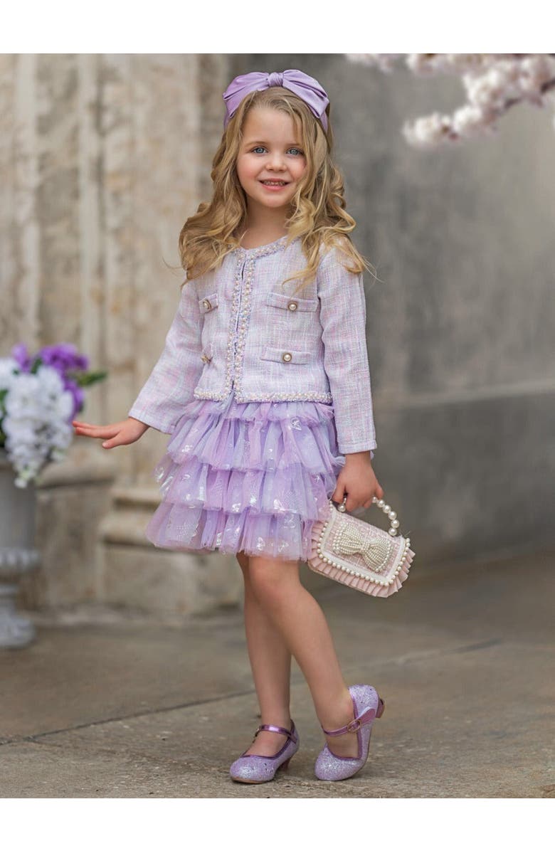 Mia Belle Girls Girls Twirl In Lilacs Tweed Blazer and Tutu Skirt Set, Alternate, color, Purple