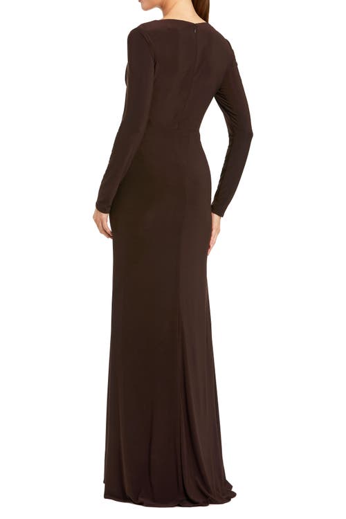 Mac Duggal Faux Wrap Long Sleeve Evening Gown With Appliqué Detail In Brown