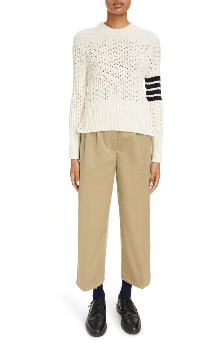 Thom Browne Relaxed Fit Pleated Crop Straight Leg Cotton Trousers, Alternate, color, Camel
