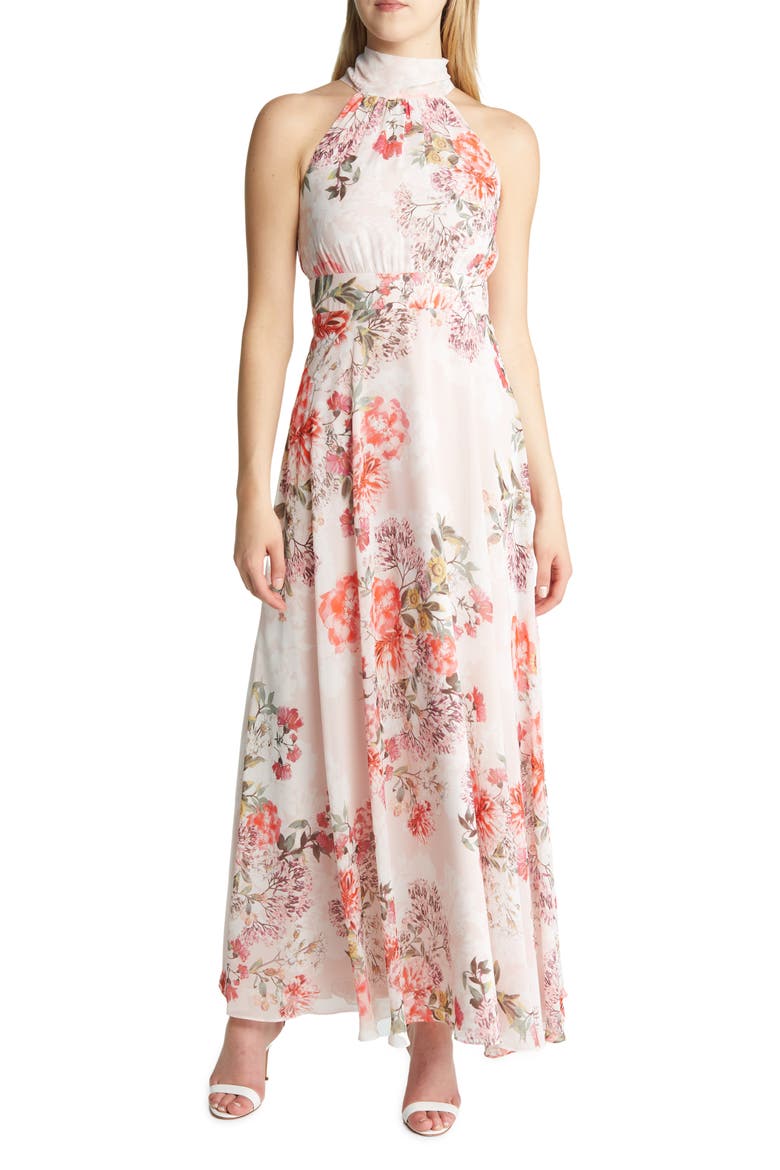 Floral Halter Neck Slim Maxi Dress, Main, color, BLUSH