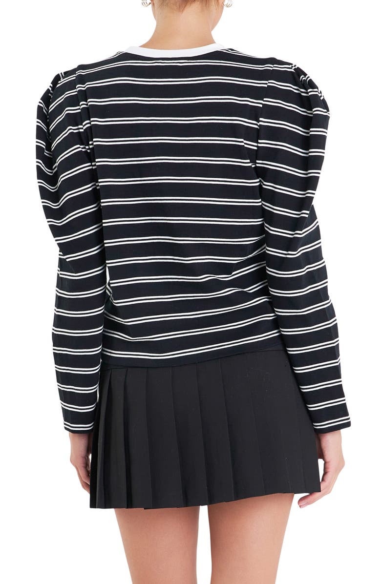 English Factory Stripe Puff Sleeve Top, Alternate, color, Black/ Off White