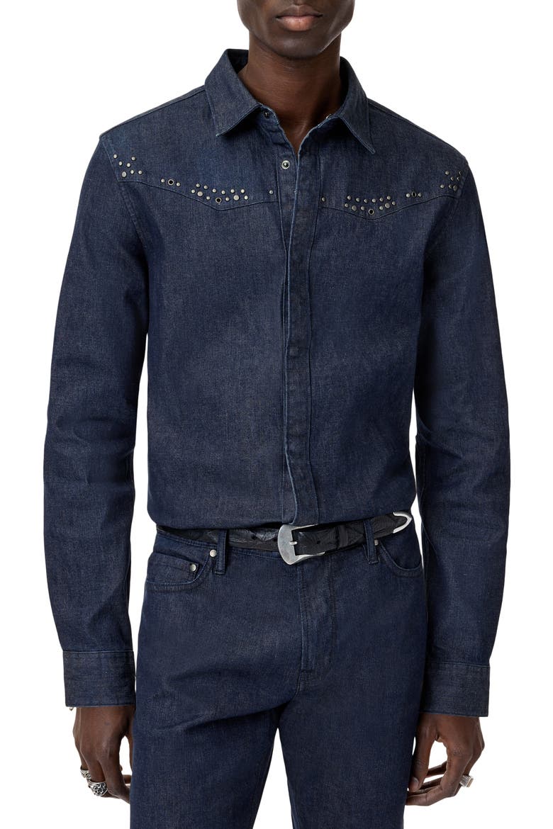Studded Western Denim Snap-Up Shirt, Main, color, LAKE BLUE