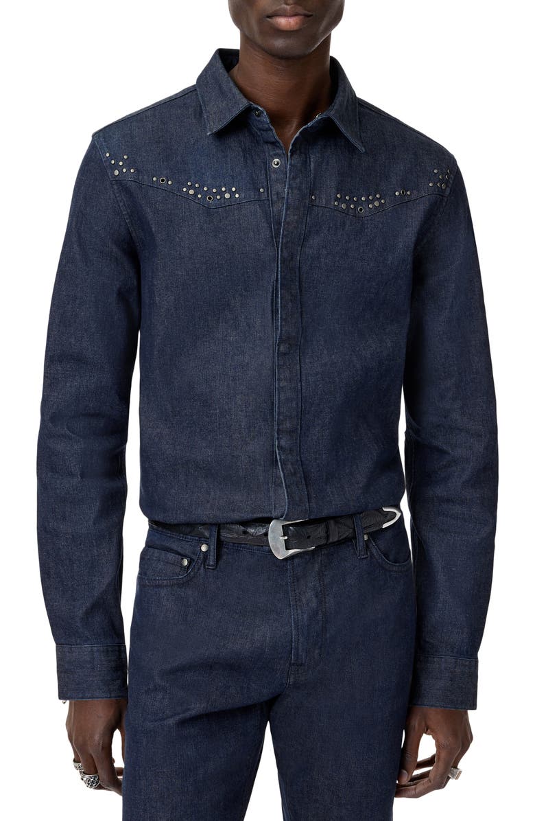John Varvatos Studded Western Denim Snap-Up Shirt, Main, color, Lake Blue