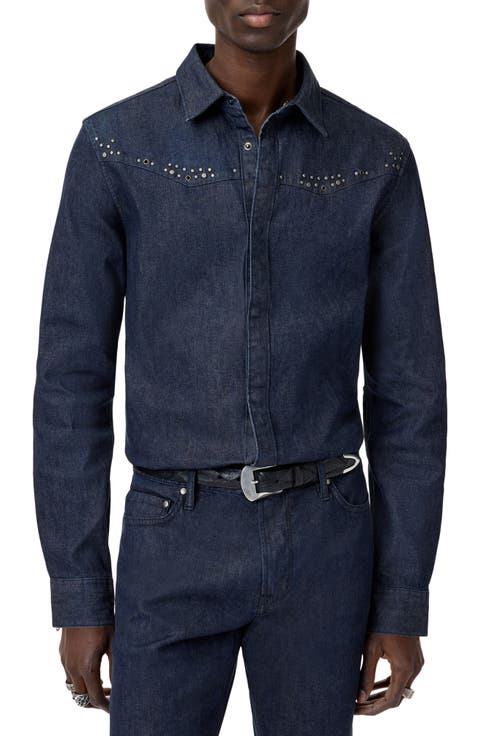 Studded Western Denim Snap-Up Shirt