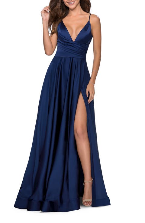 Long Satin Dress with Side Slit and V Shaped Back