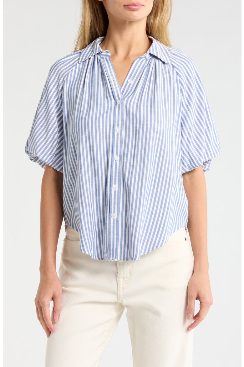 Bubble Sleeve Boyfriend Shirt, Main, color, DENIM/ BLACK STRIPE