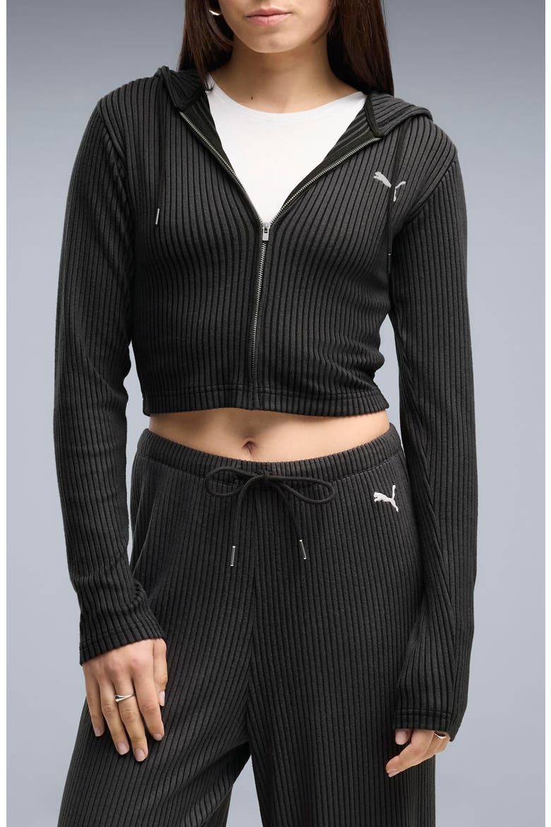 Essentials Ribbed Full Zip Hoodie, Main, color, PUMA BLACK