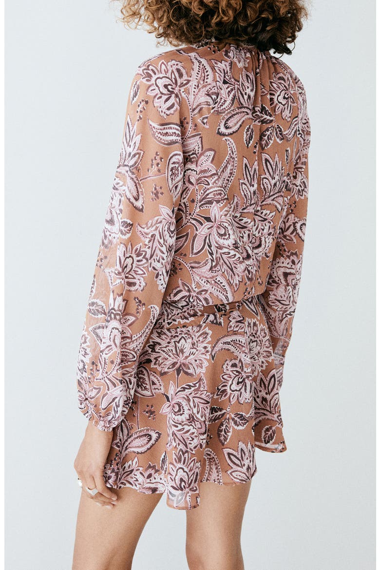 Print Gathered Long Sleeve Minidress, Alternate, color, BURNT ORANGE