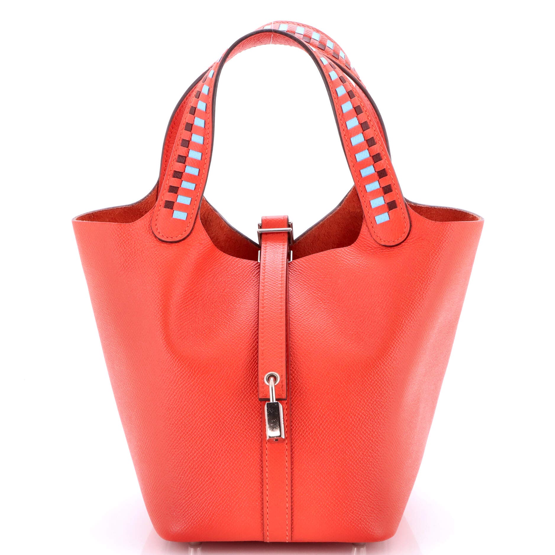 Pre-Owned Hermes Picotin Lock Bag Tressage Epsom PM, Main, color, Capucine/Bleu Du Nord/Rouge H