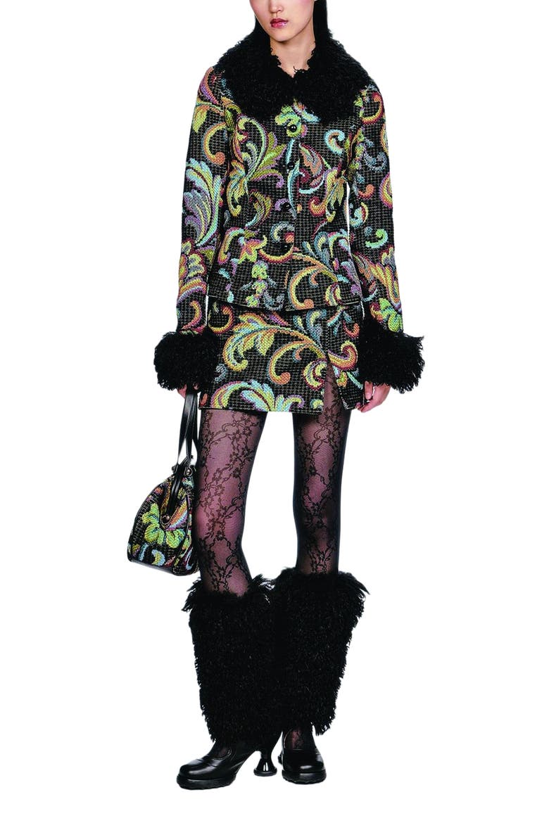 Tapestry Faux Fur Jacket, Main, color, Black Multi