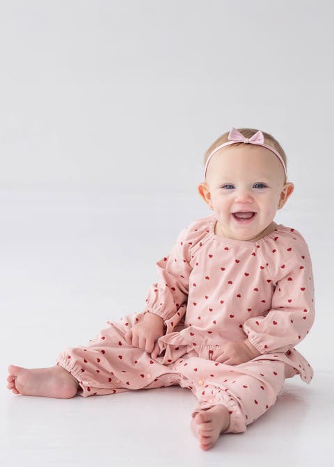 Love me Lots Long Sleeve Heart Print Ruffle Waist Romper