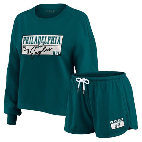 Women's WEAR by Erin Andrews Midnight Green Philadelphia Eagles Heavy Rugby Jersey Long Sleeve T-Shirt & Shorts Lounge Set