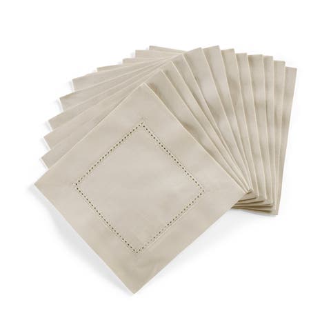 Cotton Linen Hemstitch Cocktail Napkins Set of 12, 6 x 6 Inch for Dining Table, Holiday and Everyday Table Decor