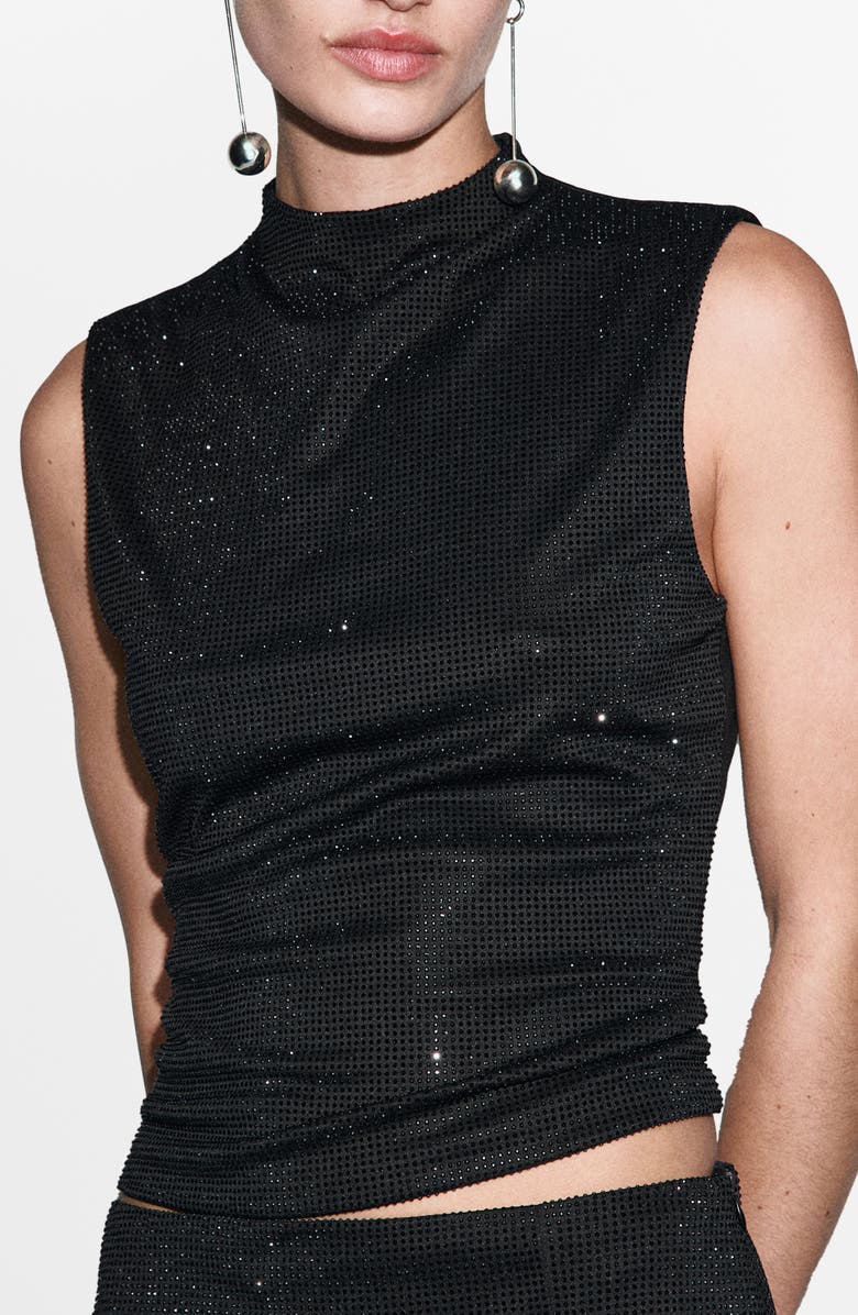 MANGO Rhinestone Sleeveless Knit Top, Main, color, Black