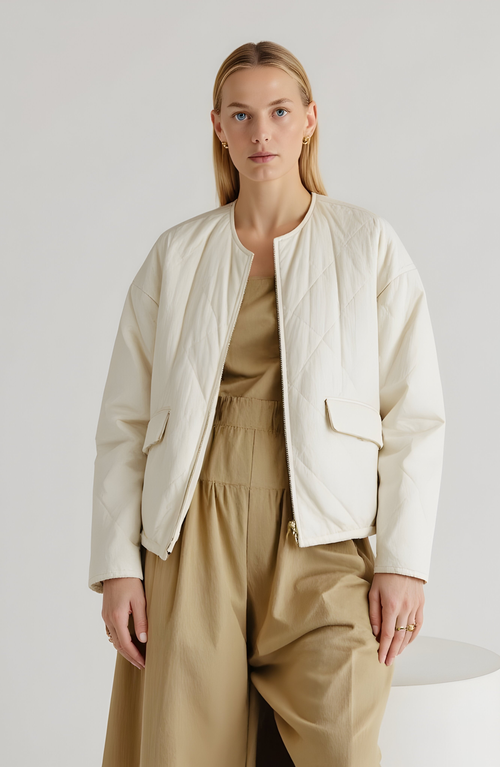Modenaire Diamond Quilted Zip-front Jacket With Flap Pockets And Clean Collarless Cut In White