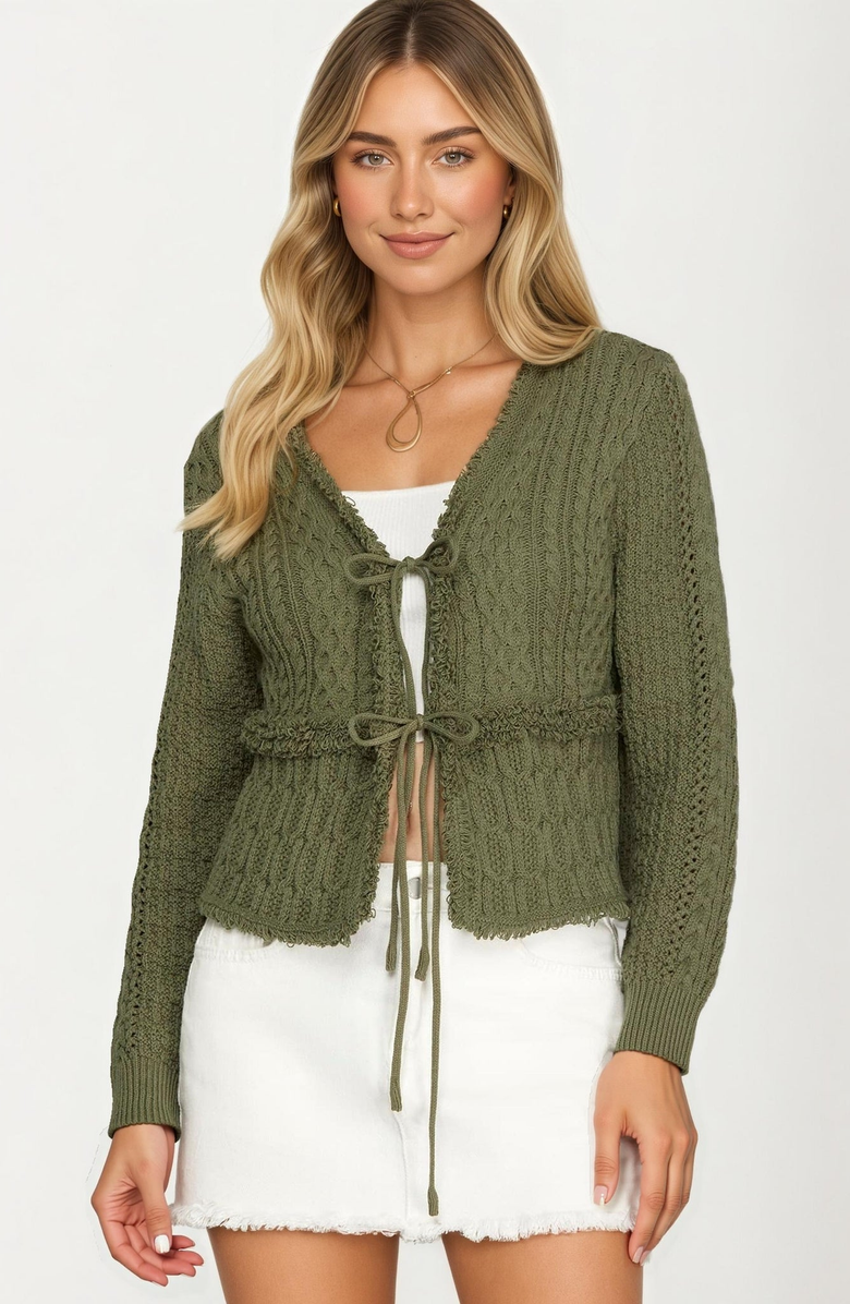 Knit and Lounge Cable Knit Tie Front Cardigan, Main, color, Olive Green
