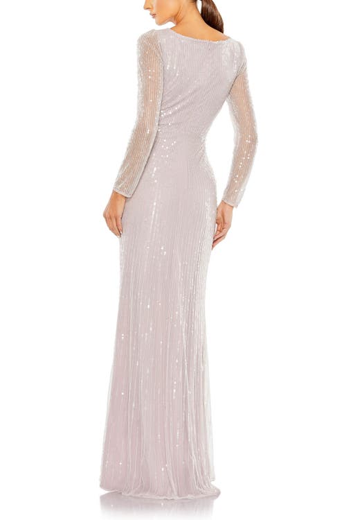 Mac Duggal Sequined Faux Wrap Long Sleeve Gown In Lavender