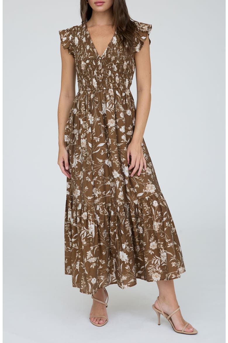 Floral Cap Sleeve Smocked Fit & Flare Midi Dress, Main, color, BROWN