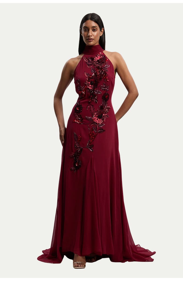 Karen Millen Feather Embellished Halter Maxi Dress, Main, color, Wine