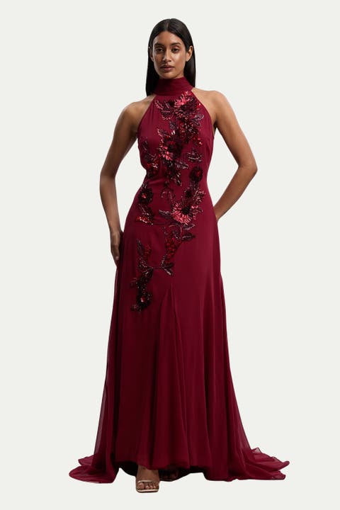 Feather Embellished Halter Maxi Dress
