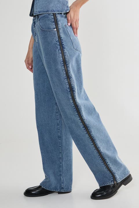 Zip Seam Detail Straight Leg Denim Jeans
