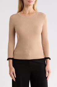 T Tahari Piping Trim Ribbed Crewneck Sweater