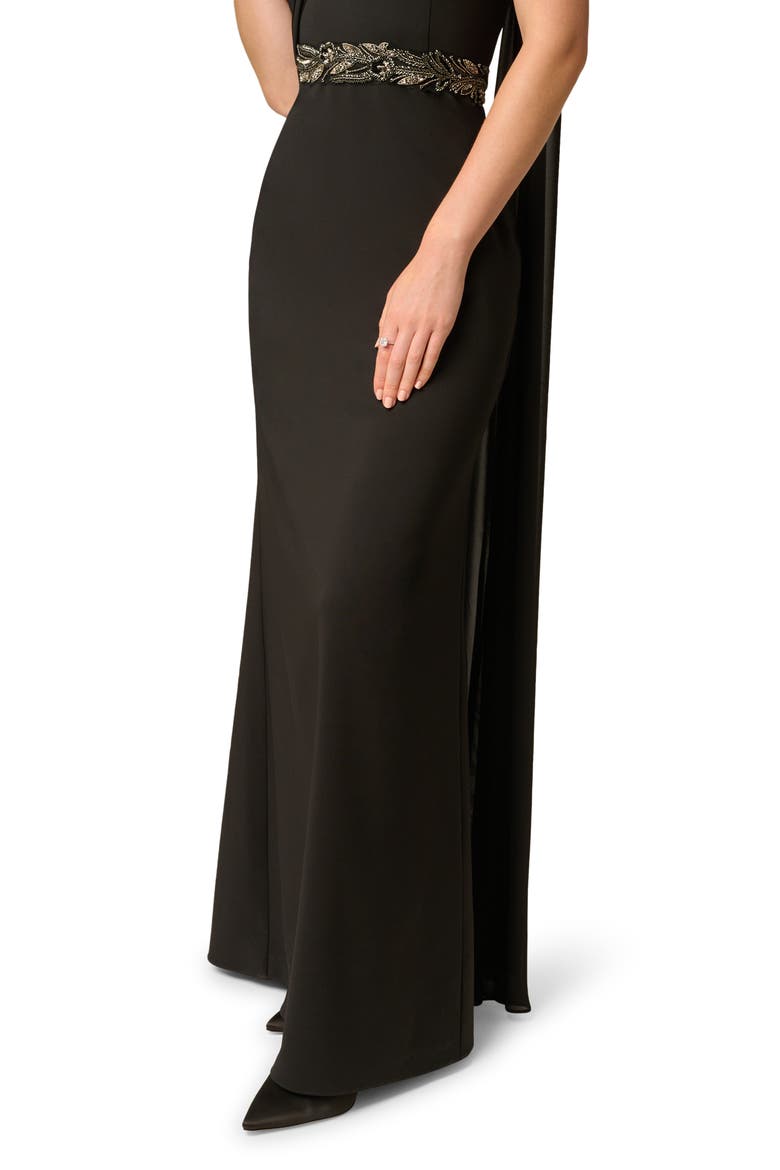 Bead Detail One-Shoulder Stretch Crepe Gown, Alternate, color, BLACK