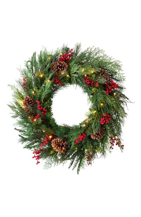 Red Berry Pine Pre Lit Outdoor Wreath